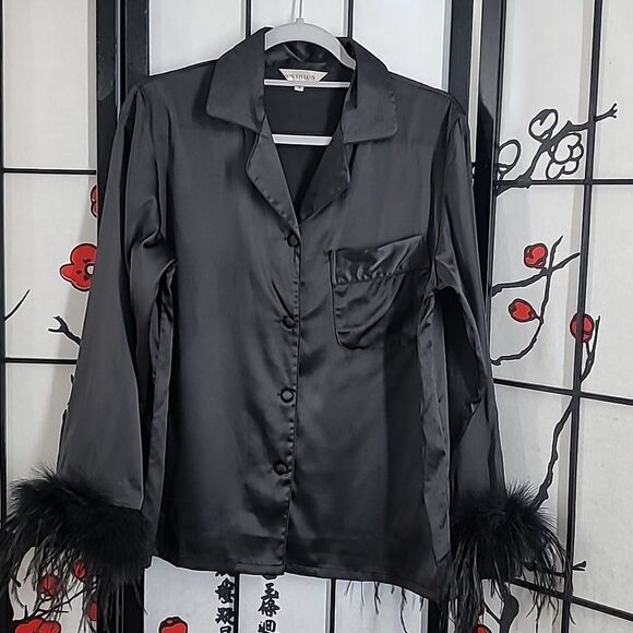 Bon Vivian Dreamer Feather Trim Sleeve Pajama TOP - Picture 3 of 9